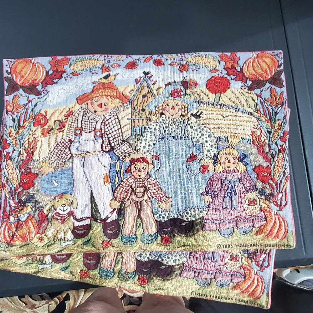 4 Scarecrow Placemats By Grigs Fall Autumn Pumpkins Dog Tapestry Cute 2001 Vtg
